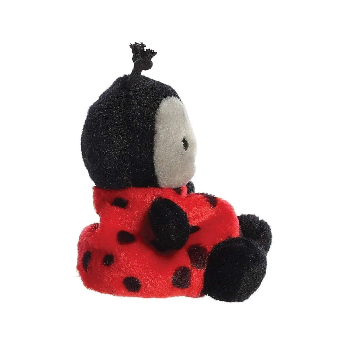 Ladybird plush toy side view, red-and-black spots with black antennae and feet