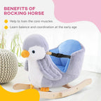 Plush penguin rocking horse with padded backrest, black handle strap, and wooden rockers