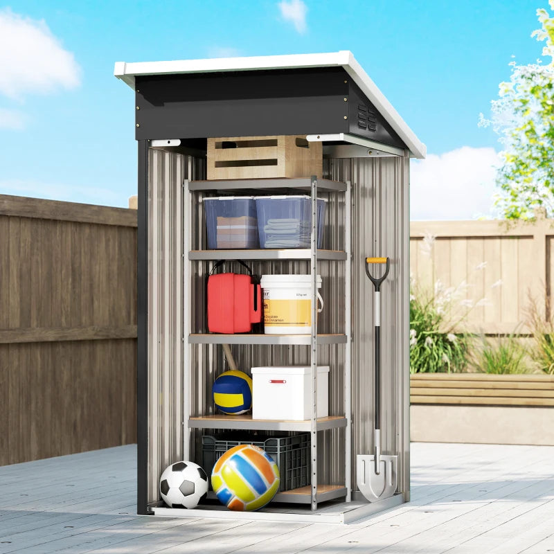 Open outdoor storage shed with interior racks holding containers and tools