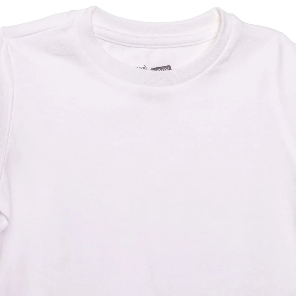 Close-up of boys white T-shirt crew neck and collar