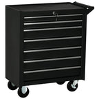 Matte black 7-drawer tool cabinet on caster wheels with four front drawers and key lock