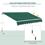 Green retractable porch awning canopy with scalloped valance and long hand-crank