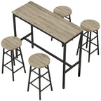 Grey bar table set with wood-effect top and four round stools, black metal frames