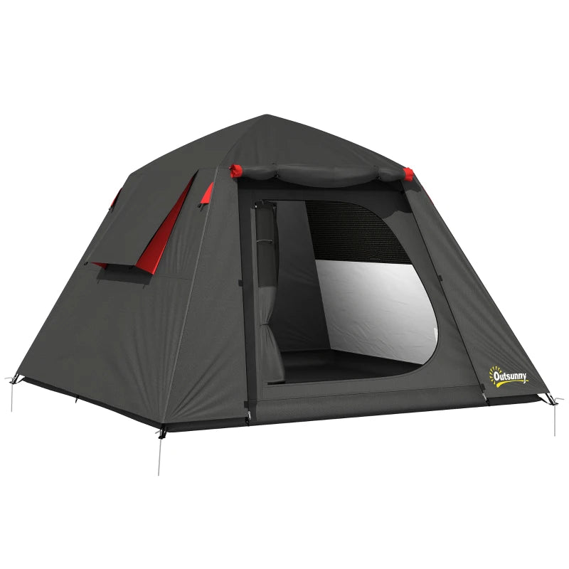 Dark grey camping tent with red rainfly panels and large front mesh window