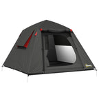 Dark grey camping tent with red rainfly panels and large front mesh window