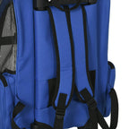 Blue pet carrier backpack with padded shoulder straps and reinforced back panel