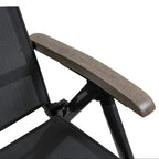 Grey lounger armrest detail with faux wood grip on folding aluminium frame joint