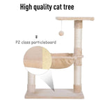 Beige cat tree with dangling ball toy, hammock bed, and tall sisal scratching post