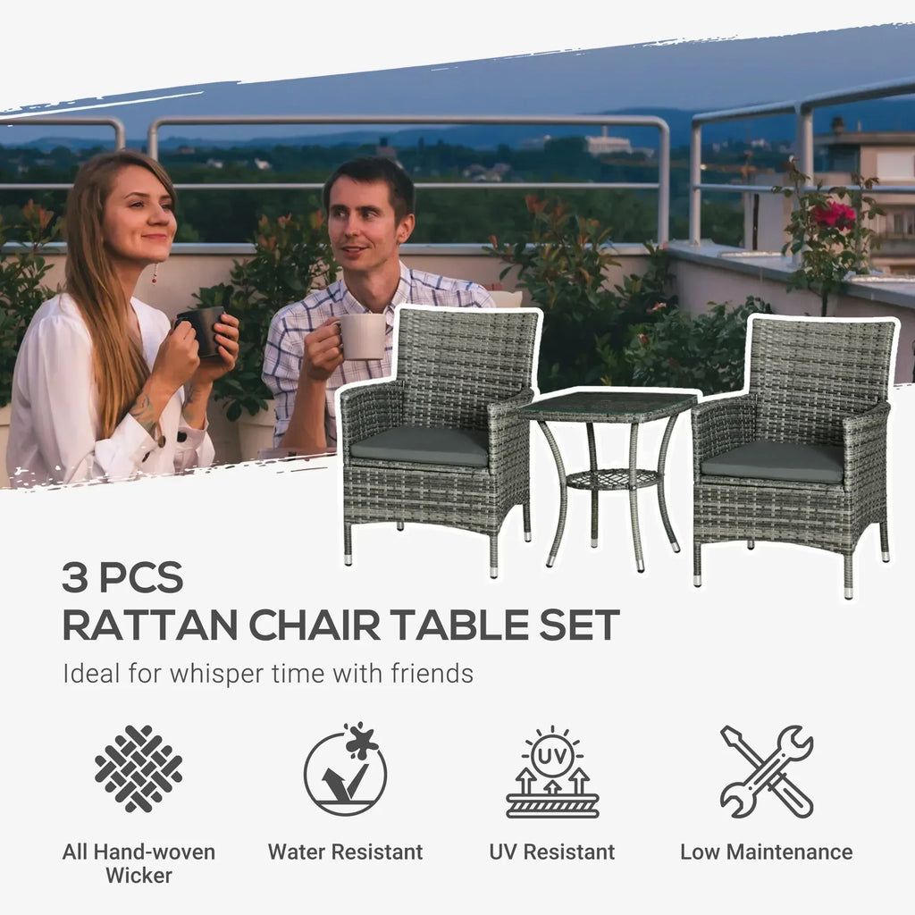 3 Pieces Rattan Bistro Set, Wicker Garden Furniture Set with 2-Tier Coffee Table and Chairs, Washable Cushions, for Outdoor Patio Balcony, Mixed Grey - Bobobiy