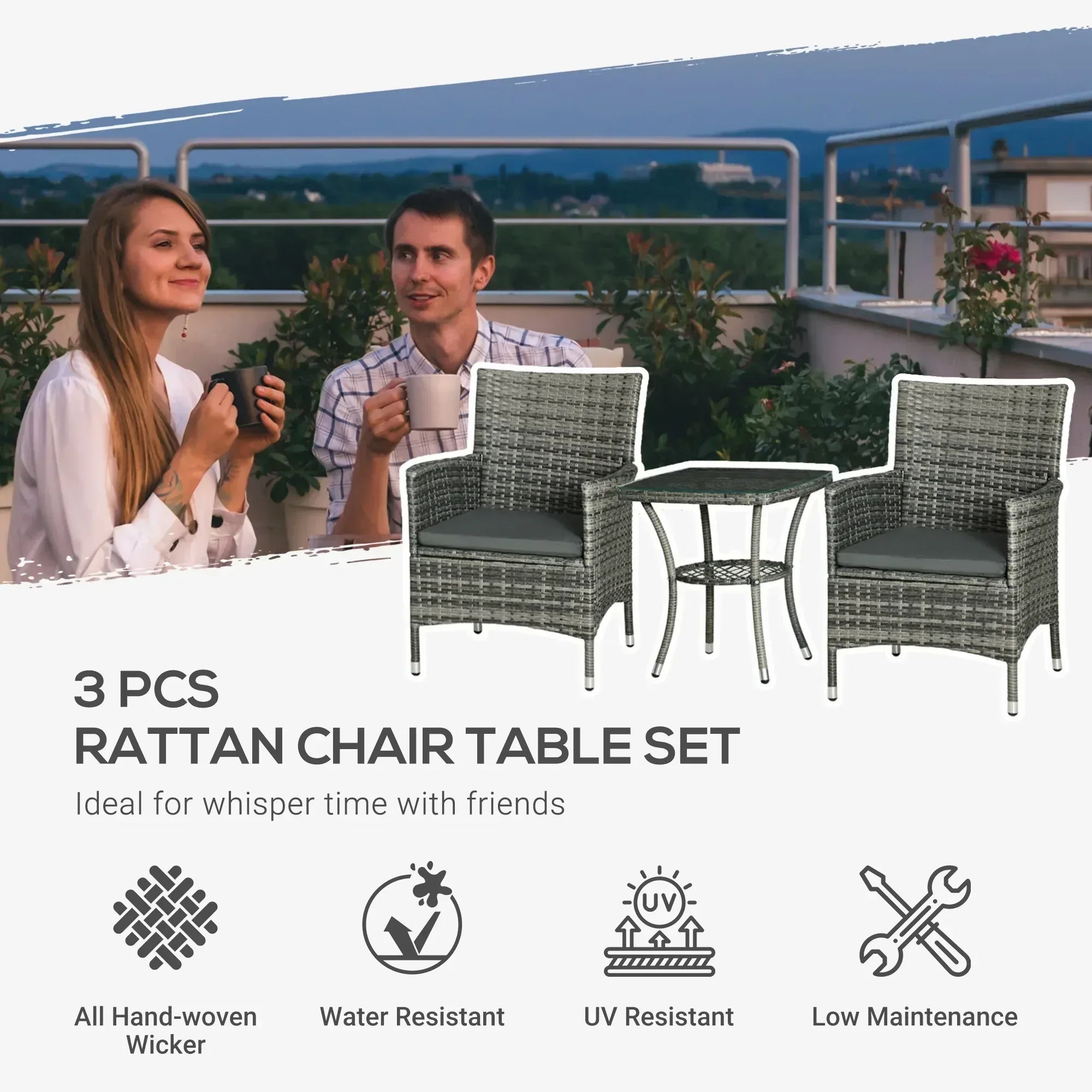 3 Pieces Rattan Bistro Set, Wicker Garden Furniture Set with 2-Tier Coffee Table and Chairs, Washable Cushions, for Outdoor Patio Balcony, Mixed Grey - Bobobiy