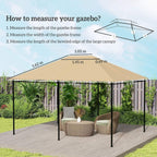 Khaki gazebo top cover replacement with measurement guide diagram on the frame