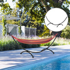 Black hammock stand frame base on patio with curved legs for hanging