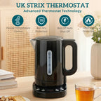 Black electric kettle with UK Strix thermostat control panel on base