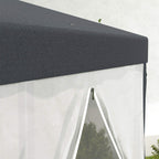 Dark grey gazebo roof edge with white mesh wall and hanging curtain panel