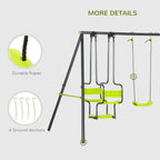 Green metal swing set detail view with durable ropes, ground anchors, and swing seats.