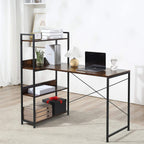 Industrial computer desk with dark brown top, X-style metal supports, and 4 open shelves