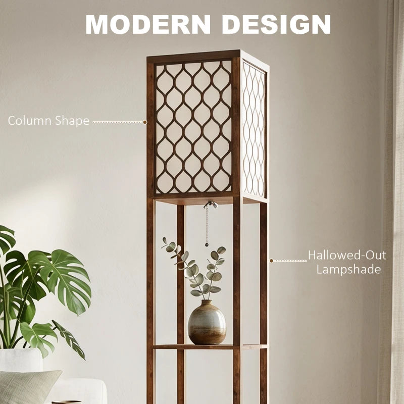 Rustic brown column lamp-shelf with lattice doors and two middle open shelves