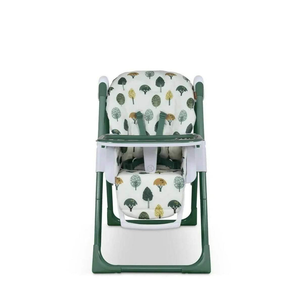 Baby highchair rear view with patterned seat and back, white tray bar and green stand