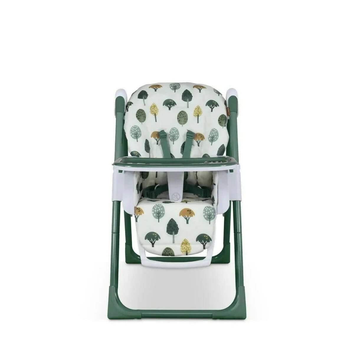 Baby highchair rear view with patterned seat and back, white tray bar and green stand