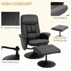 Black PU leather swivel recliner chair with padded high back, ottoman, round base