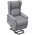 Grey fabric electric lift recliner armchair with side pocket and extended footrest