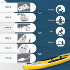 Inflatable stand-up paddle board shown with setup steps and visible valve area