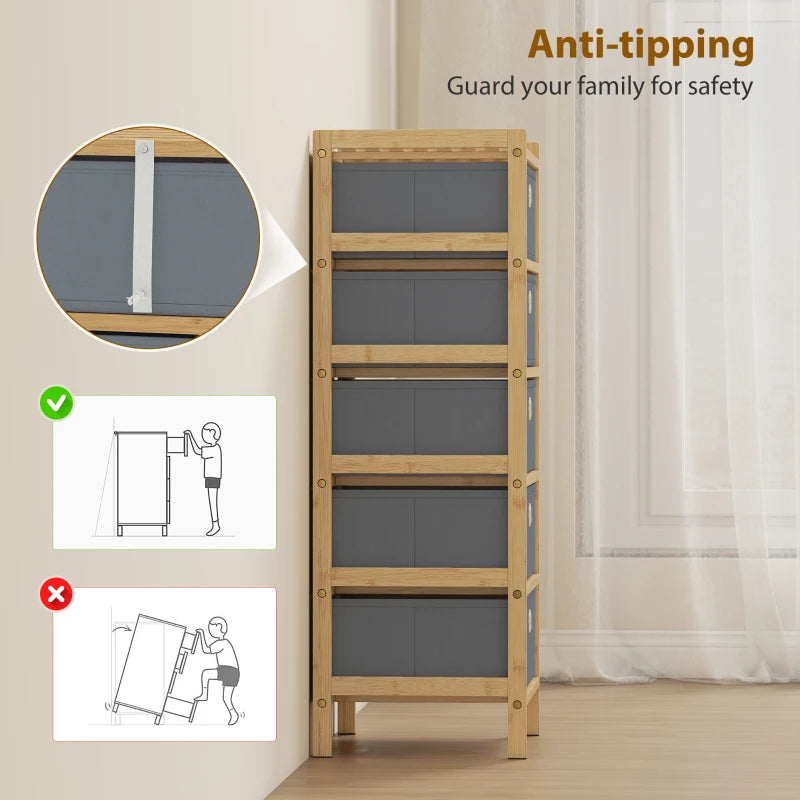 Narrow bamboo chest of drawers with five light grey fabric drawers and anti-tipping