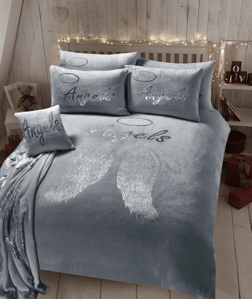 Angel Wings Luxurious Teddy Fleece Duvet Set Super Soft Faux Fur Bedding Pillow Cases Bed Throw Cushion in Pink White Grey