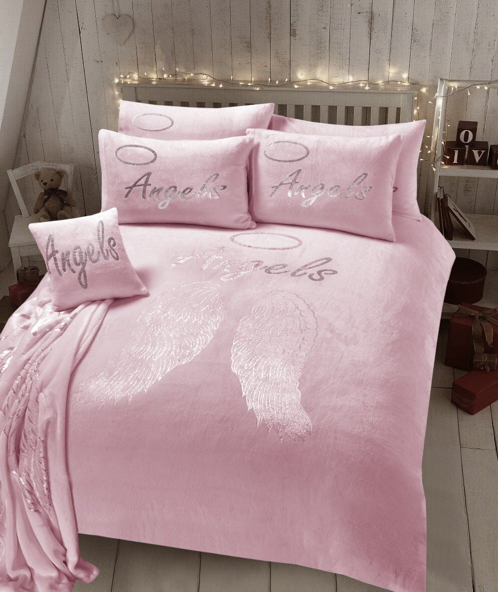 Angel Wings Luxurious Teddy Fleece Duvet Set Super Soft Faux Fur Bedding Pillow Cases Bed Throw Cushion in Pink White Grey