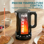 Black electric kettle with temperature sensor display panel on base
