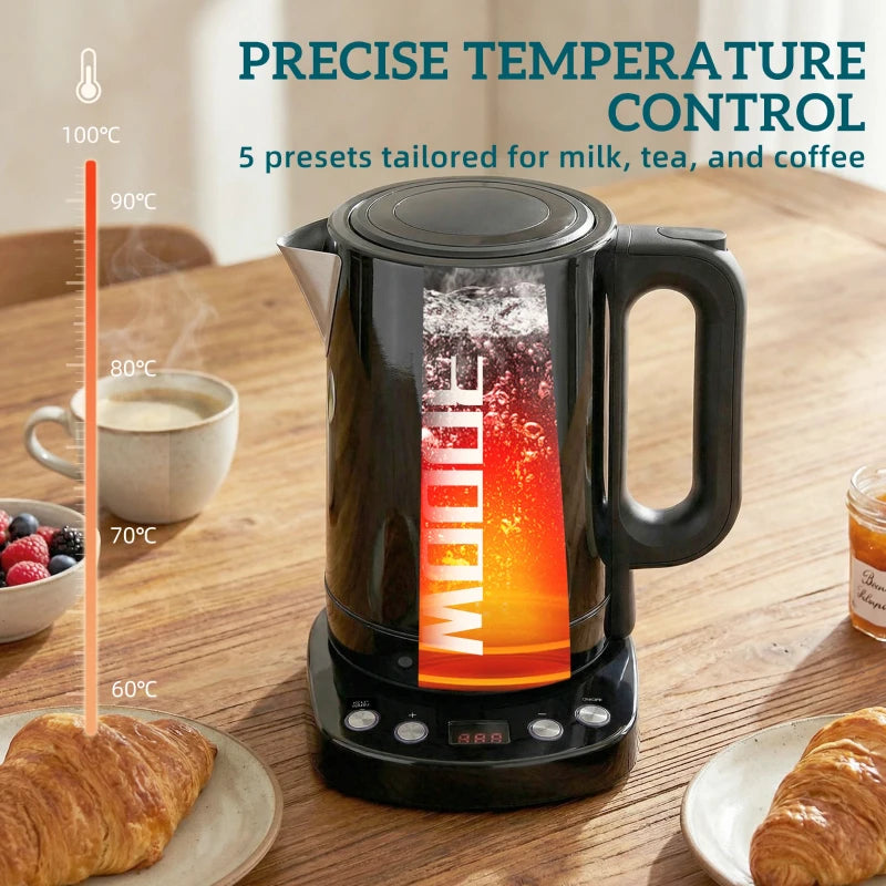 Black electric kettle with temperature sensor display panel on base