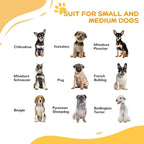 White dog gate suitability graphic showing small and medium breeds with vertical barrier