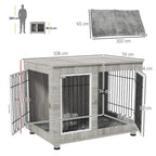 Grey indoor dog kennel with soft cushion and two door panels, wire front and side gates