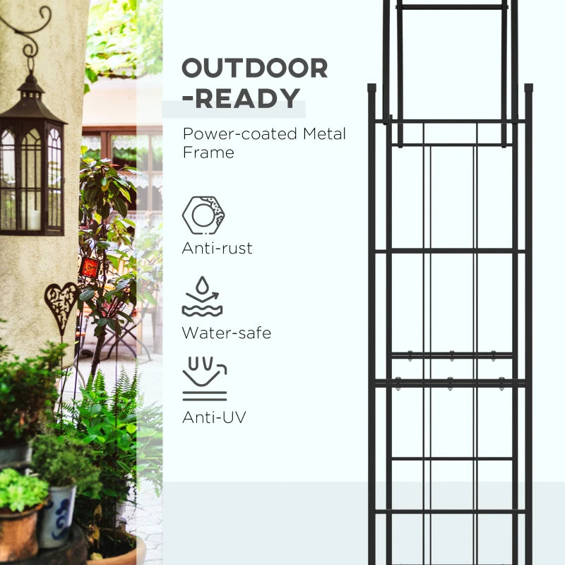 Black power-coated metal outdoor garden arch trellis with reinforced lattice sides