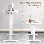 White sit-stand desk with dual pedestal base and adjustable height up to 116 cm