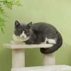 Cream 4-step pet stairs with plush top platform, cat resting on the step