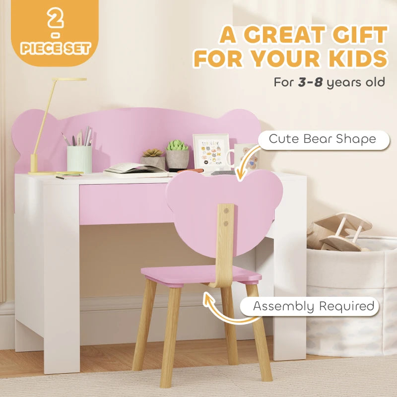 Pink bear-themed kids desk with drawer and matching chair, cute bear shape design
