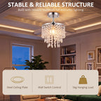 Crystal ceiling light with silver mounting plate and hanging clear crystal bead strands