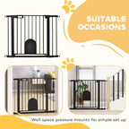 Black pet safety gate with cat flap door, shown for doorways and stairs
