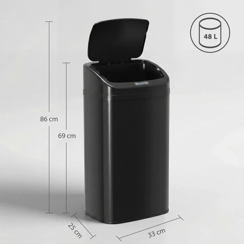 Black 48 L sensor waste bin standing upright with open lid; includes size view.
