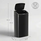 Black 48 L sensor waste bin standing upright with open lid; includes size view.
