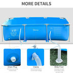 Blue above-ground pool with drain plug, clamp, and wide stabilizing feet