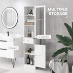 White bathroom floor cabinet with multiple open shelves and side door storage