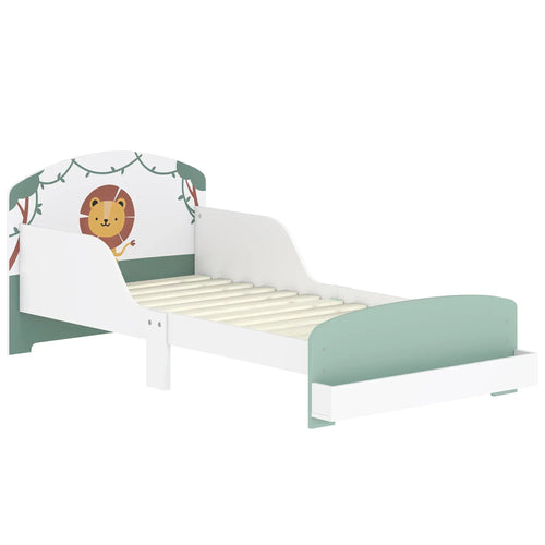 Toddler bed with green side panels, white guardrails, and lion head wall art