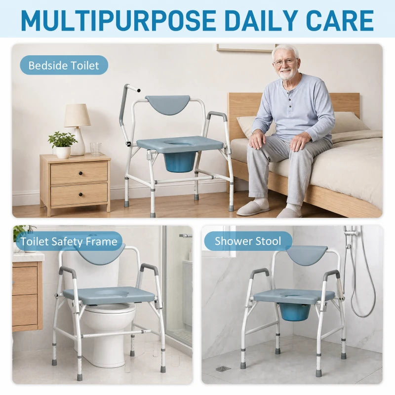 Multi-purpose commode chair with blue seat, white frame, and removable toilet safety pan