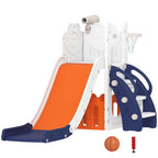 Kids slide playset with orange slide, navy climbing wall, and basketball hoop