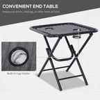 Folding end table with light grey top and built-in cup holder on dark metal frame