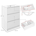 High gloss white bathroom vanity unit with sink basin and two drawer compartments