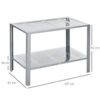 Silver 2-tier plant stand with perforated top and bottom mesh shelves, open steel frame.