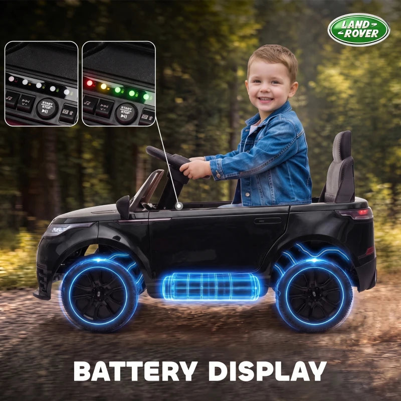 Black ride-on electric car with glowing wheel lights and steering console